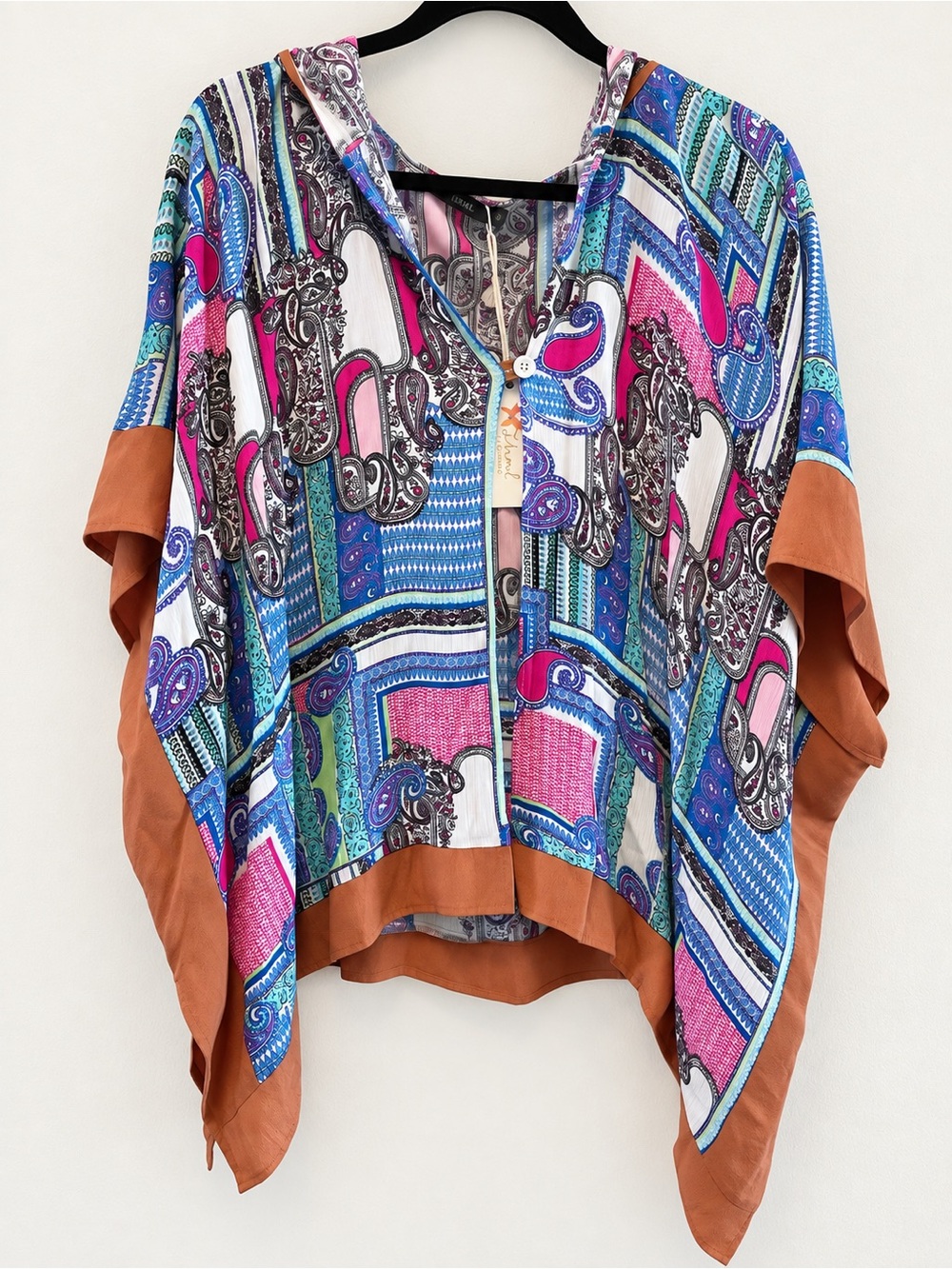 THML Multicolor Paisley Hooded Poncho with Rust Trim